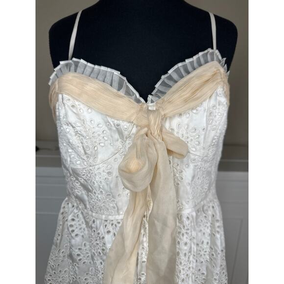 ECI New York 100% Silk Ivory Eyelet Ruffle Mini Spaghetti Strap Dress Size 10 - Picture 2 of 16